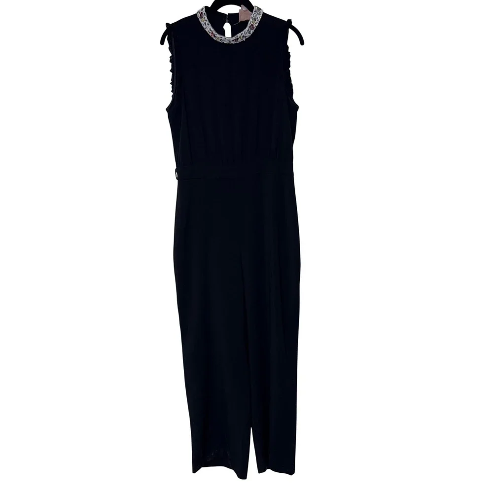 Daisy Drive Elegant Beaded Mock Neck Jumpsuit Womens Large Black Crepe